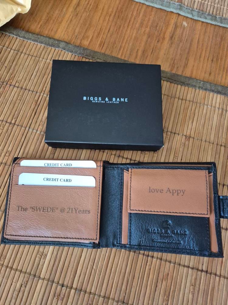 Personalised Engraved Men&#39;s Wallet, Genuine Soft Black Leather Wallet, Personalized Gift for Him, Boyfriend, Husband, Dad, Christmas Gift