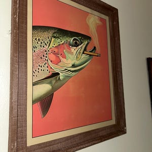 Trout Smoking a Cigarette Vintage Poster Art Funny Retro Whimsical Print  Cabin Wall Decor Outdoor Sports Fisherman Illustration Gift for Dad