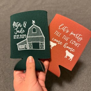 Custom Barn Wedding Can Coolers | Personalized Rustic Cattle Farm