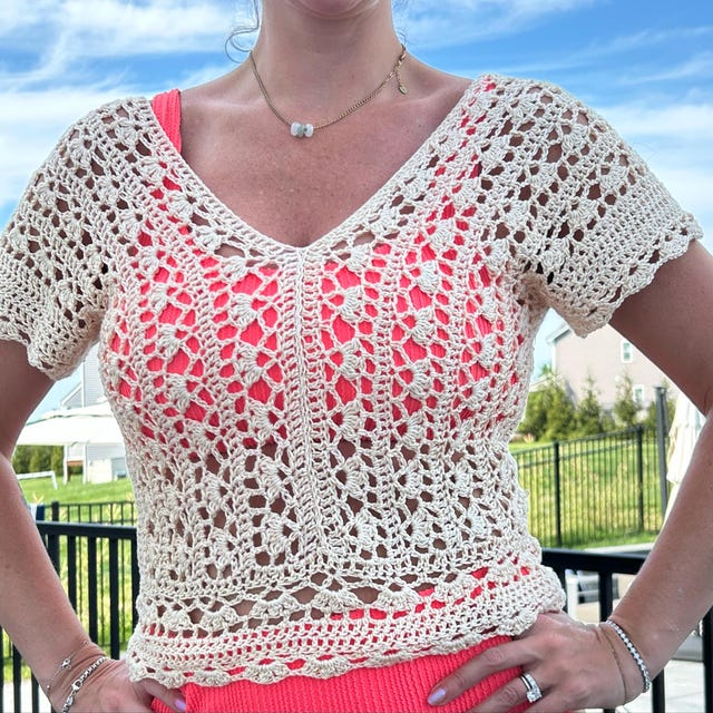 Coastal Lace Crochet Top Pattern, Summer Crochet Tee, Beginner