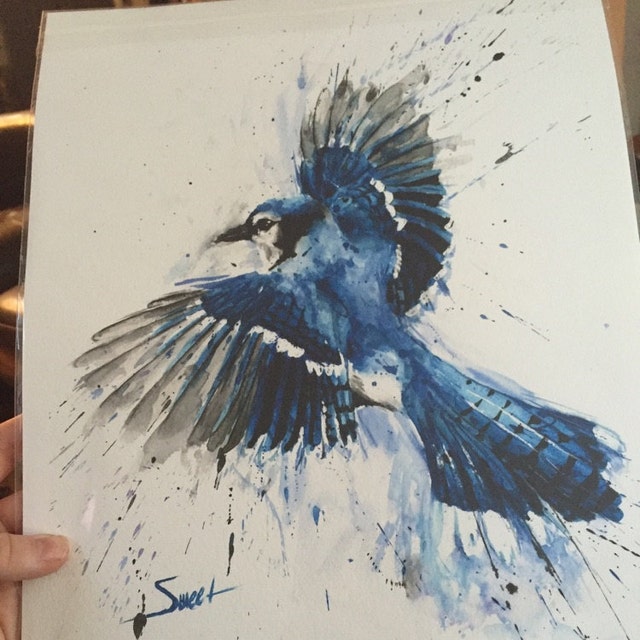 ブルージェイの水彩画プリント、飛んでいる青い鳥の絵、カラフルな鳥の