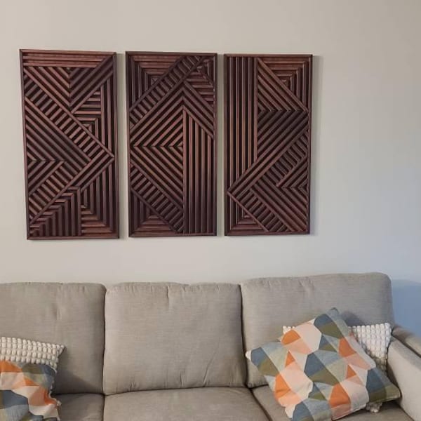 Set of 3 Large Modern Wood Wall Hangings | Modern Wood Wall Art Set ...