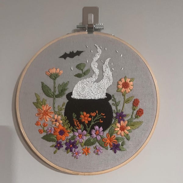 Floral Cauldron Hand Embroidery Pattern, Autumn Embroidery Pattern ...