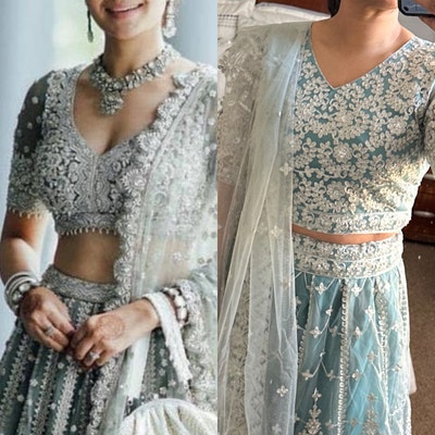 Gray Soft Net Lehenga & Glitter-Embroidered Crop Top