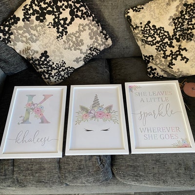Personalised Unicorn Theme Art Print Set of 3 Nursery Print Glitter ...