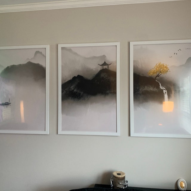 Japandi Wall Art Set of 3 Zen Wall Art Prints, Japanese Yellow