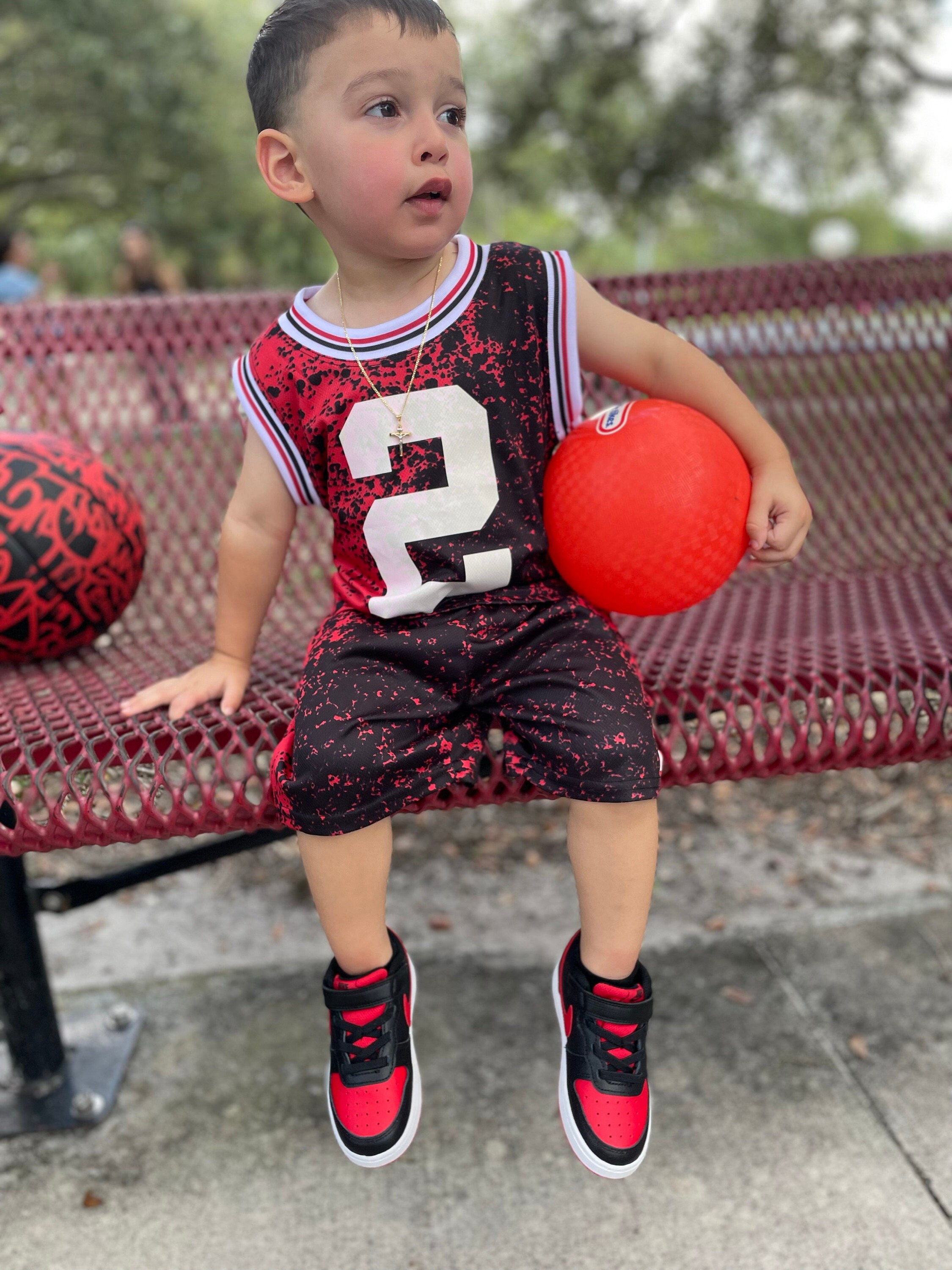 MelissasStitches Ultimate Kids Basketball Set: Personalized Jersey, Shorts, Ball, and Sweatband Combo