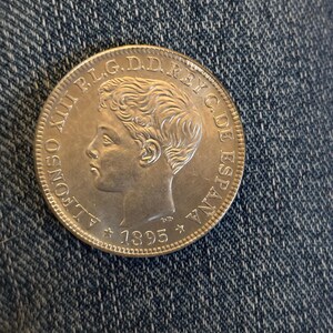 1 Peso - 5 Pesetas Coin, Puerto Rico Islands, 1895, Alfonso XIII