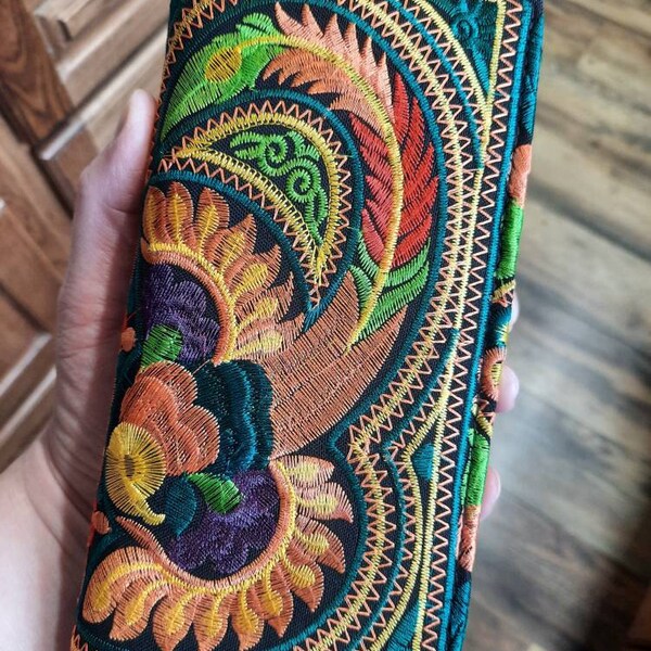 Hmong Embroidered Boho Wallet, Tribal Zip Purse With Pom Pom ...