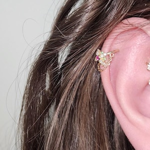 14K Solid Gold Ruby Tsavorite Hinged Clicker Blossom Flower Gemstone Dangle Chain Hoop Ring Cartilage Daith Huggie Hoop Earring Clicker Ring