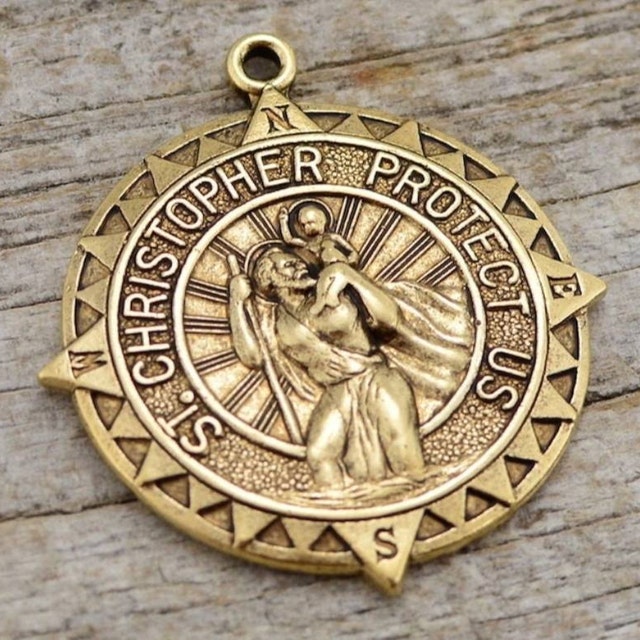 St. Christopher, Catholic Medal, Antique Gold Pendant, Medallion