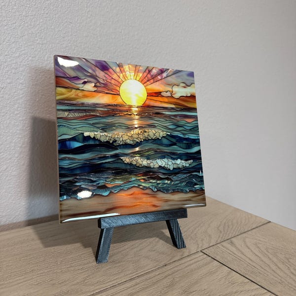 Ocean Sunset Ceramic Tile Wall Art – Stained Glass Style Coastal ...