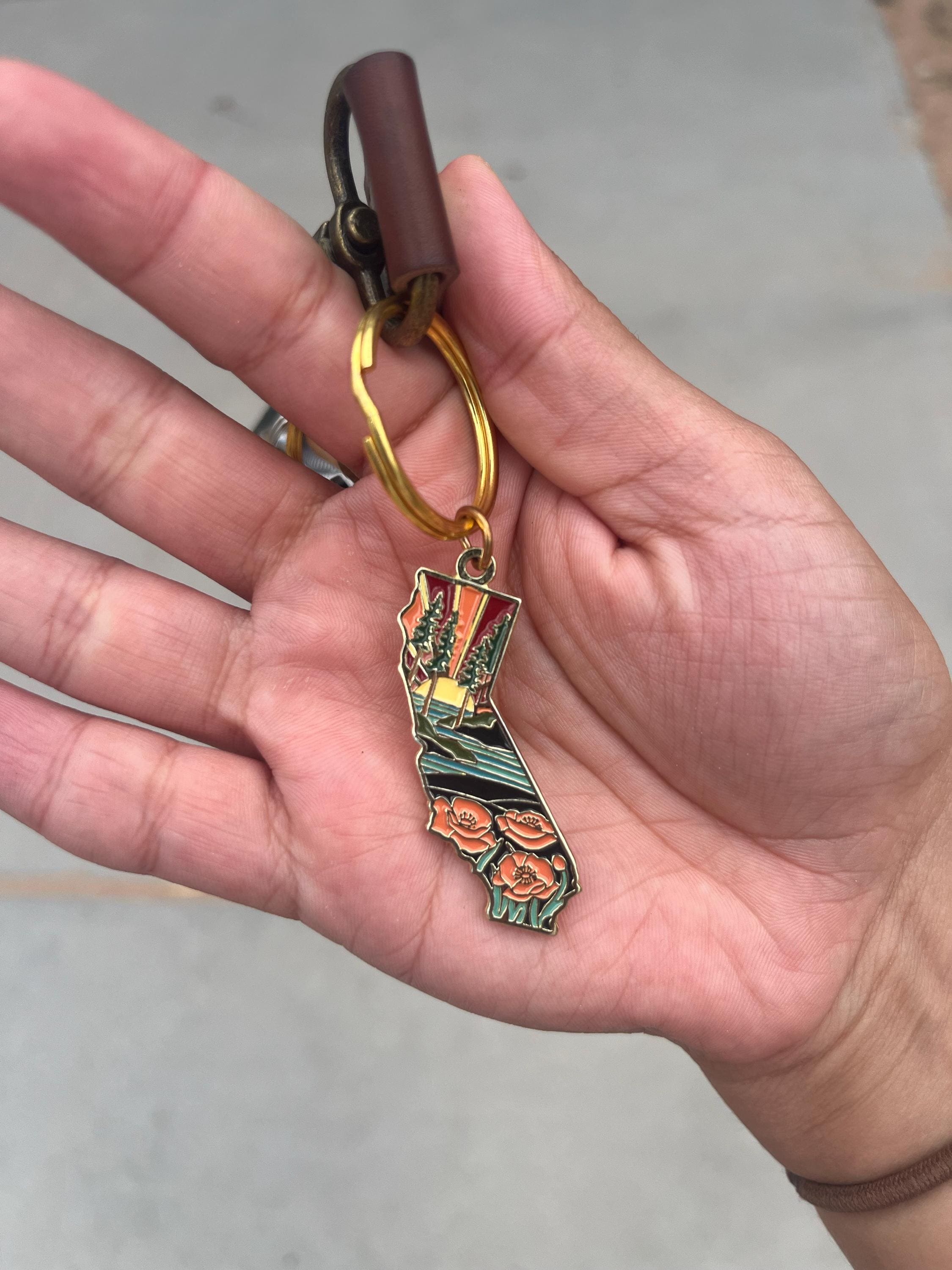 California Poppy Soft Enamel Keychain 1.5&quot; | California Outline Key Ring | Illustrated State Keychain