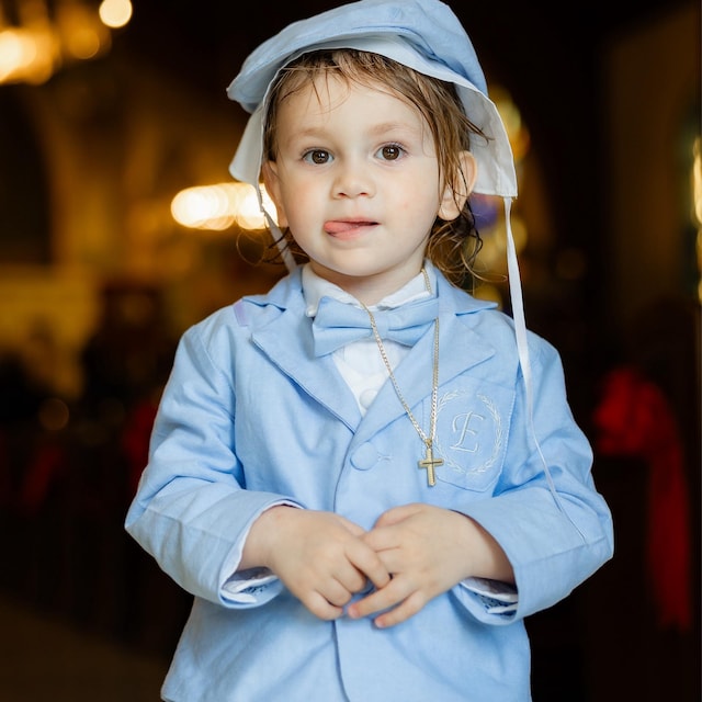 Abito Battesimo Neonato Lito Angels | Set 5 Pezzi Bianco In Raso Con Cappello - Manica Corta/Lunga - Foto 9