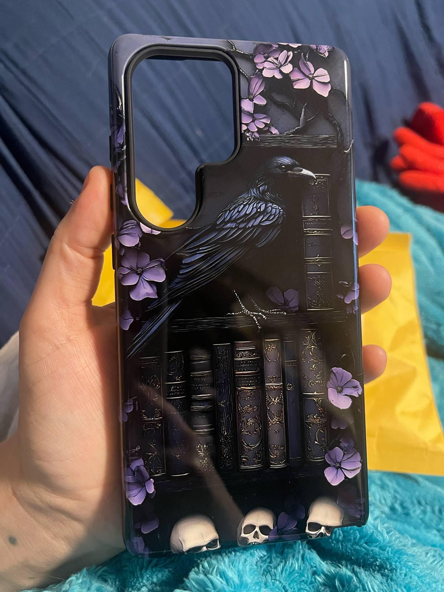Purple Gothic Raven Bookshelf Phone Case, Gift for Book Lovers, Library Dark Academia Aesthetic, iPhone 16 15, GalaxyS25, Pixel 9 Pro Case