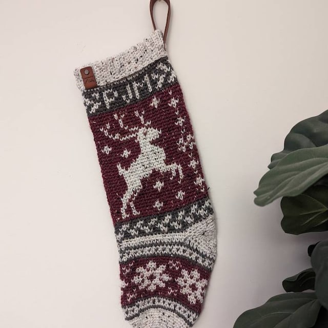 A customer's finished Prancing Deer Stocking Crochet Pattern
