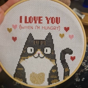 Cat Cross Stitch Kit - I Love You (When I'm Hungry) — Camille Medina