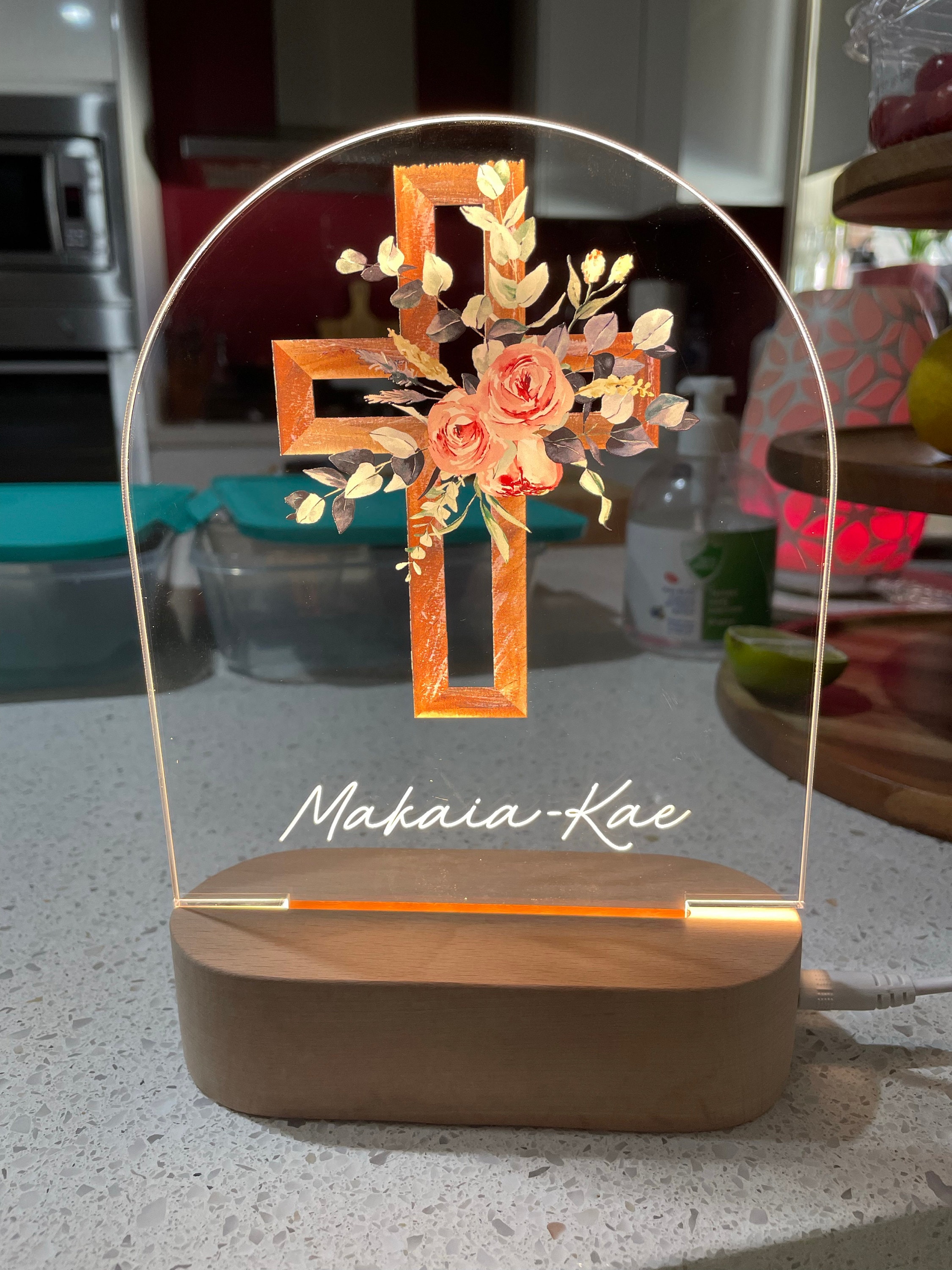 Baby Gift Baptism Gift Christening Gift- Custom Boy or Girl Name Keepsake Light - Religious Pink Cross