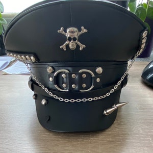 国内で当店のみ GENZERO - Black leather laced front cap Spike Skull Mens Genuine Leather Hat Biker Punk Rock Cap Hat