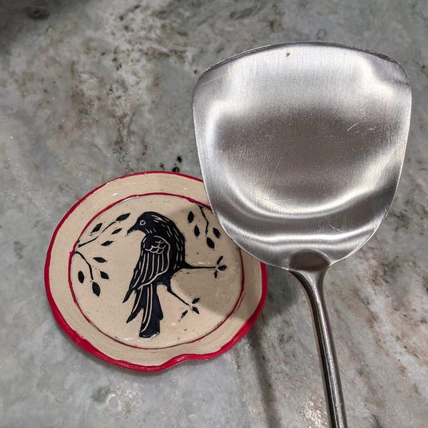 Crow or Raven Spoon Rest, Sgraffito Crow Spoon Rest, Black and White ...
