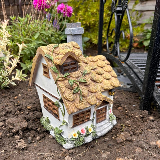 Solar Fairy Garden Cottage: Thatched Roof Fairy House (9.8