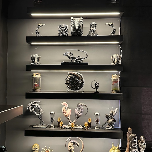 Modern Black Floating Shelf With LED Light, Thick Wall Shelf, Wooden ...