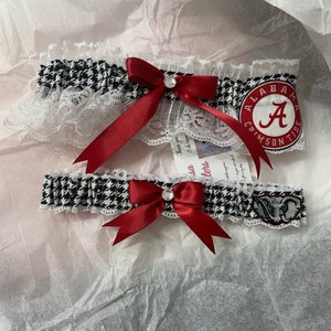 Houndstooth University of Alabama Inspired White Lace Wedding Garter Belt Set Houndstooth University of Alabama Inspired White Lace Wedding Garter Belt Set