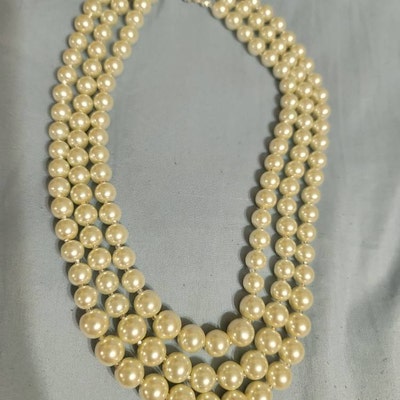 The Crown Queen Elizabeth Style, Three Strand, 10mm and 8mm Cream Glass ...