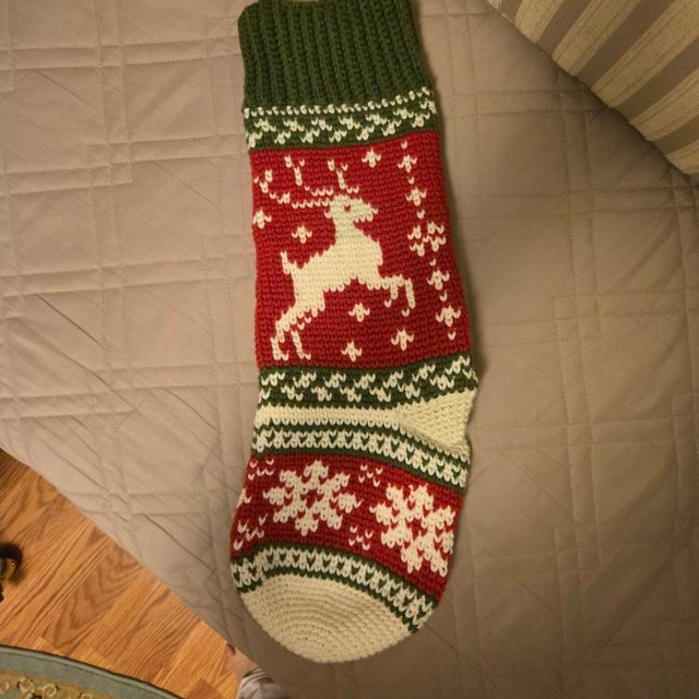 A customer's finished Prancing Deer Stocking Crochet Pattern