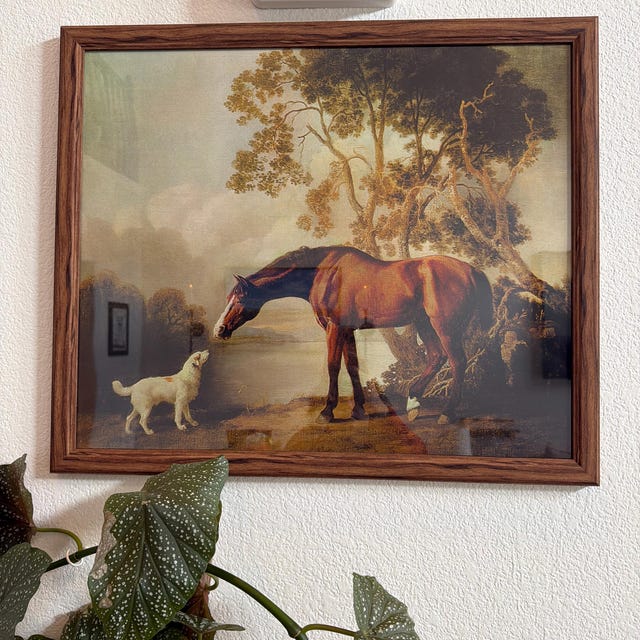 Bay Horse and White Dog Friends Animal Landscape Lake Painting by