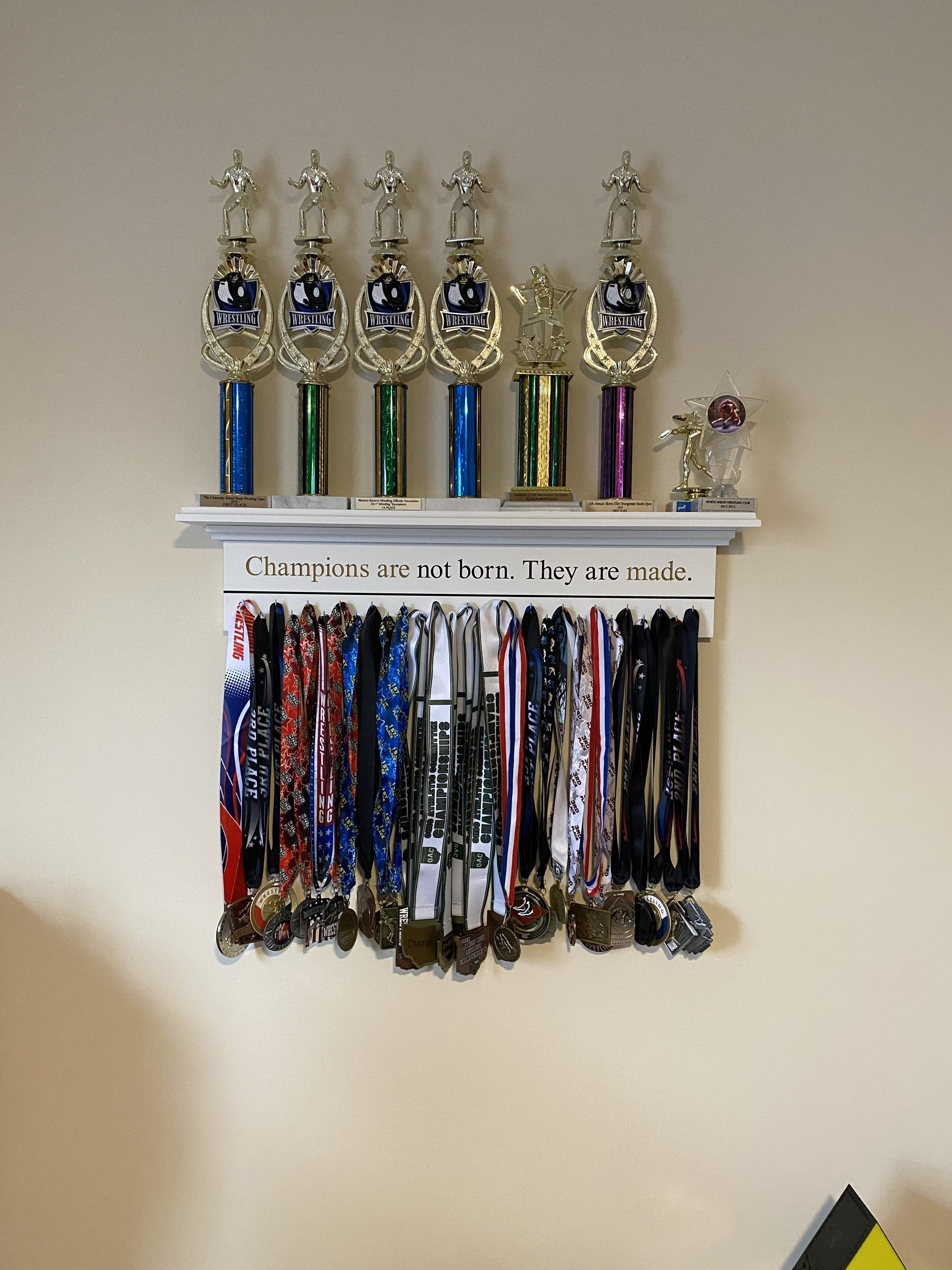 Medal Holder Champions Engraved Trophy Shelf Ribbon Holder Medal Hanger Award Display Personalized gift Trophy Rack Sports Award Display 30"