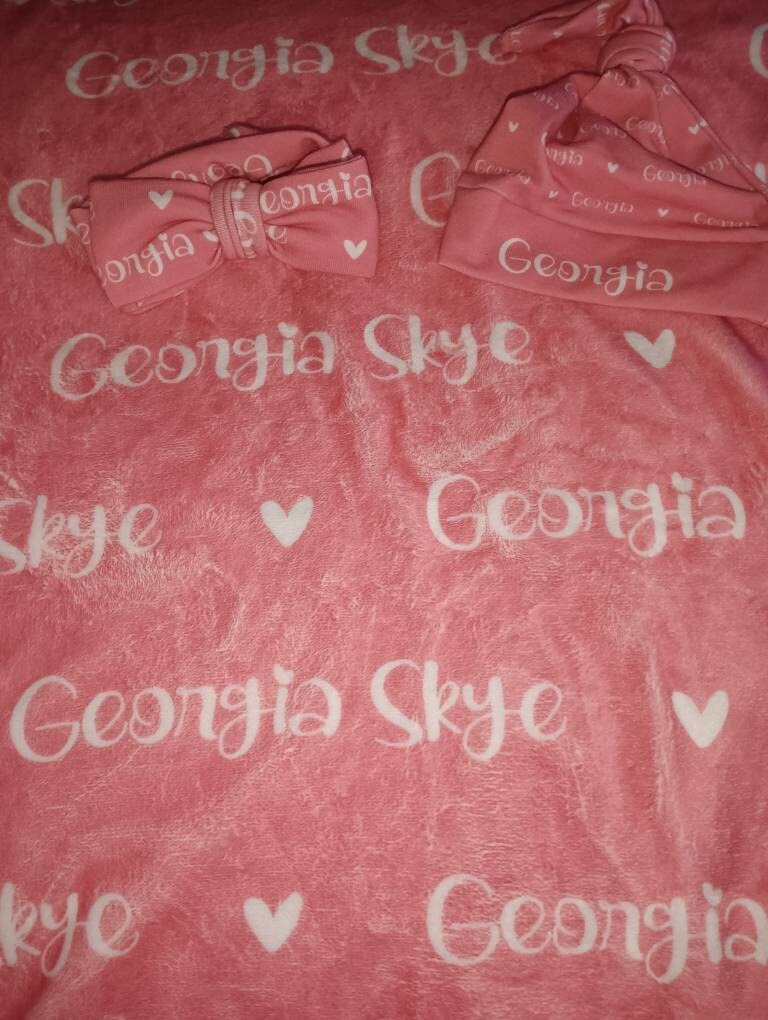 Plush Minky Blanket Set with Hat/Bow, Personalized Name Blanket with Hat, Personalized Jersey Hat, Customized Name Bow