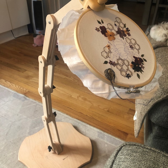 Nurge Adjustable Embroidery Table Stand and Embroidery Hoop Small-Medium ,  Cross Stitch Hoop Stand, Embroidery Hoop Holder. Hand Polished Natural Wood