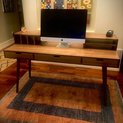 HEIM Mid Century Modern Walnut Desk With Storage Shelf and Monitor ...