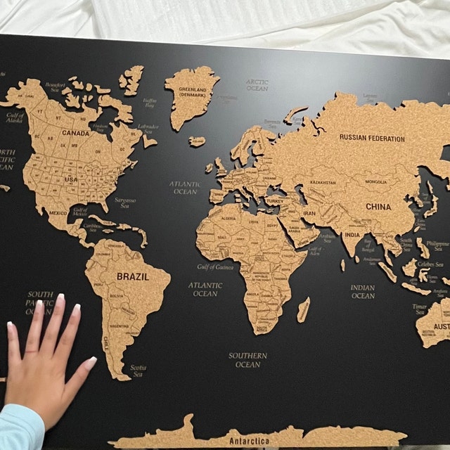World Map Push Pin Wall Art With FREE Pins, Cork World Map Board