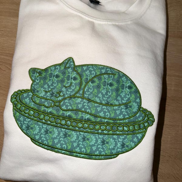 Glass Cat Applique Embroidery Design | Vintage Cat Bowl Embroidery File ...