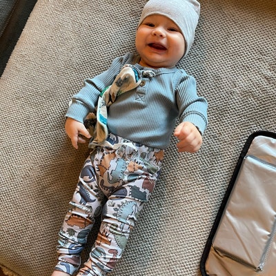 Babyhug Cotton Footed Bootie Leggings Striped & Dino Print Pack of 3 - Blue