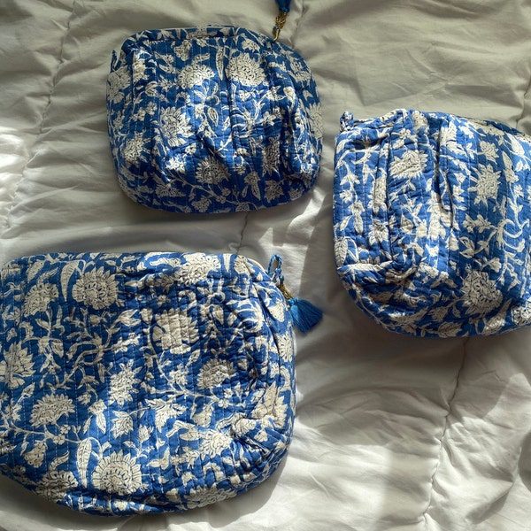 Yellow - Sanganeri Block Printing Cotton Toiletry Bags (Set of 3)