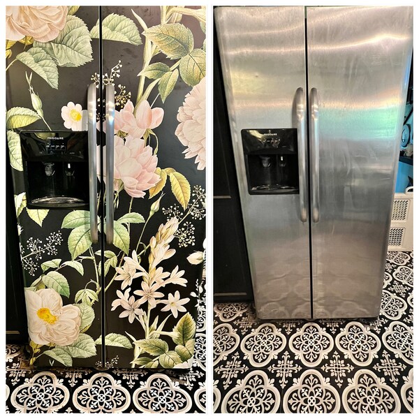 Refrigerator Wrap Vintage Floral, Retro Fridge Wrap Vinyl Side by Side ...