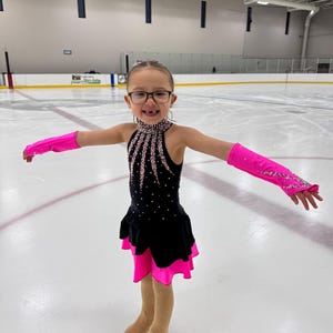 black and pink figure skating dress BLACK and HOT PINK Figure Ice Skating Dress 4-6-8-10-12-14-16 Years Girls.  Made to Order