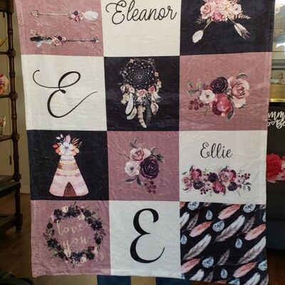 Personalized Baby Girl Blanket - Boho Floral Custom Blanket With Monogram, 30"x40" Or 40"x60"