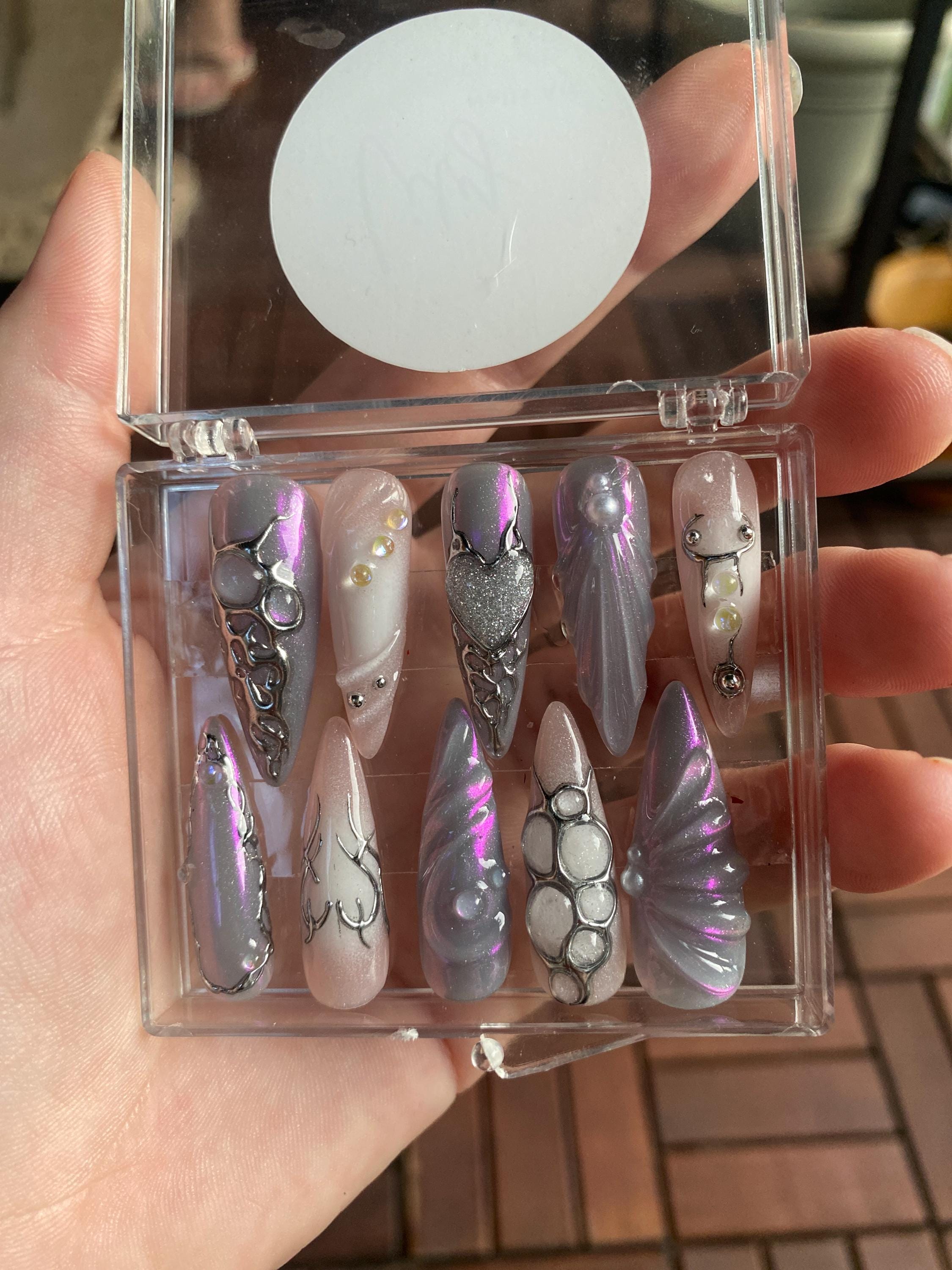 Free Style Blue Mermaid Almond Press On Nails, Handpainted Fake/False Nails, Prom/Event/Birthday Nails, Goth/Gothic/Y2K/Aura Nai