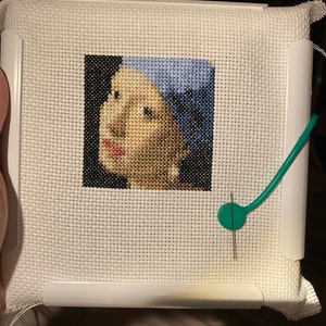 Tiny Modern Cross Stitch Pattern girl With a Pearl Earring. P224 Miniature  Art Cross Stitch. 