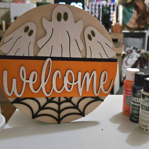 Halloween Welcome Sign Svg - Halloween Door Hanger Svg - Ghost Svg ...