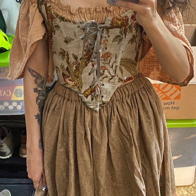 Renaissance Corset Dress Grey Jacobean Floral Corset Dress With Brown Linen  Skirt Elizabethan Peasant Cottagecore Wench Hobbit Dress 