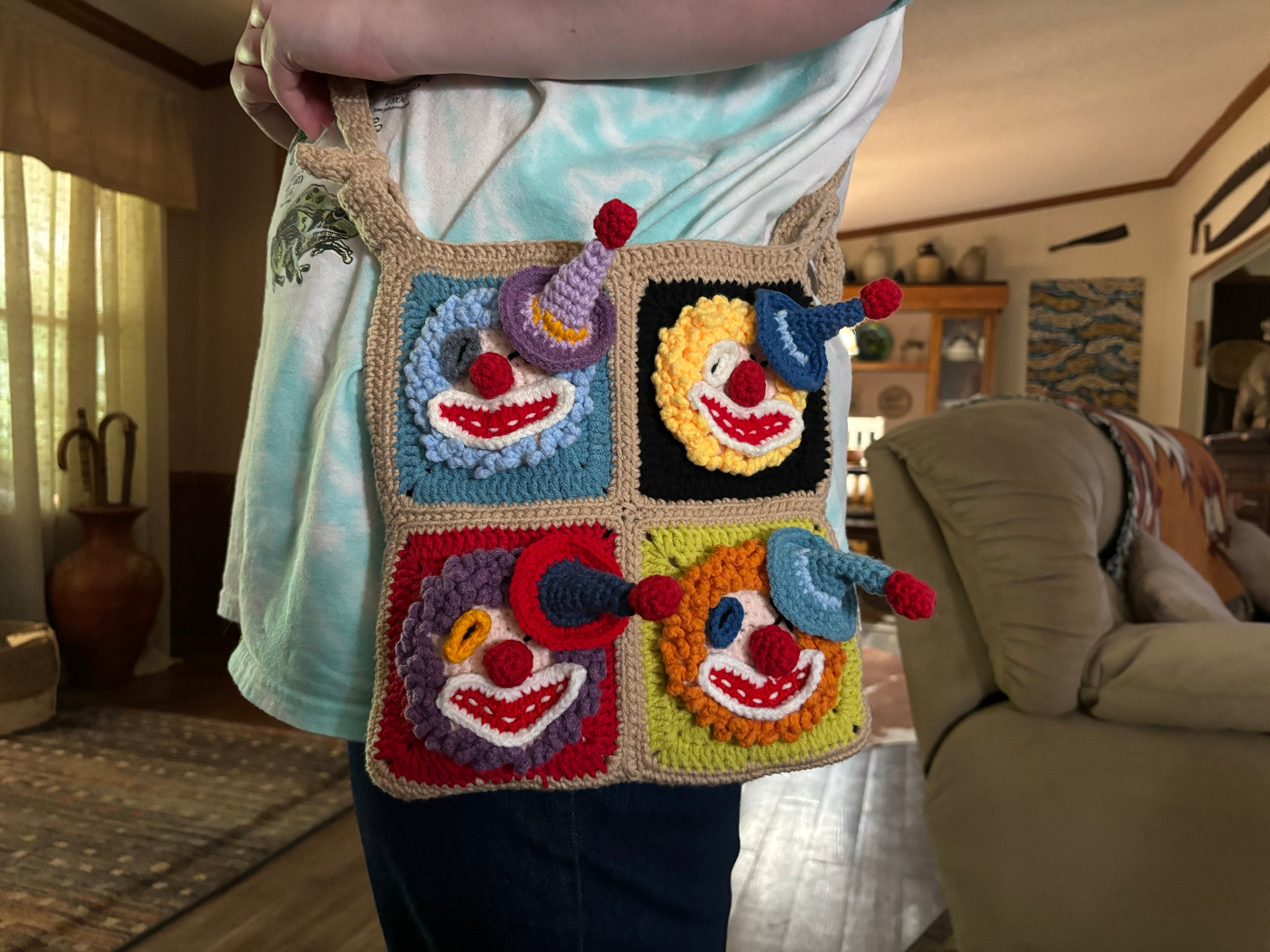 Vibrant Clown Quartet Crossbody Bag: Carry the Carnival with You!Valentine's Day Heart Edition|Crochet accessory bag|Handcrafted crochet bag