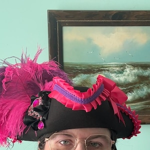Black and Pink Pirate Hat, Renaissance Hat, Tricorn Hat  display picture 2