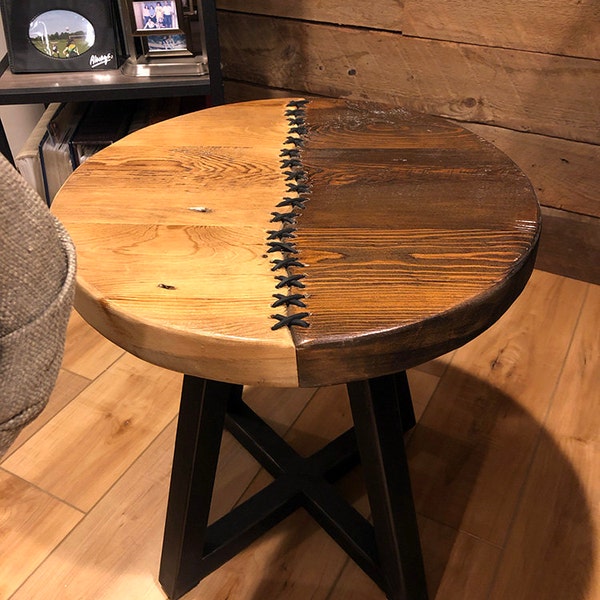 Handmade Reclaimed Wood Side Table: Leather Stitched Accent Table - Etsy