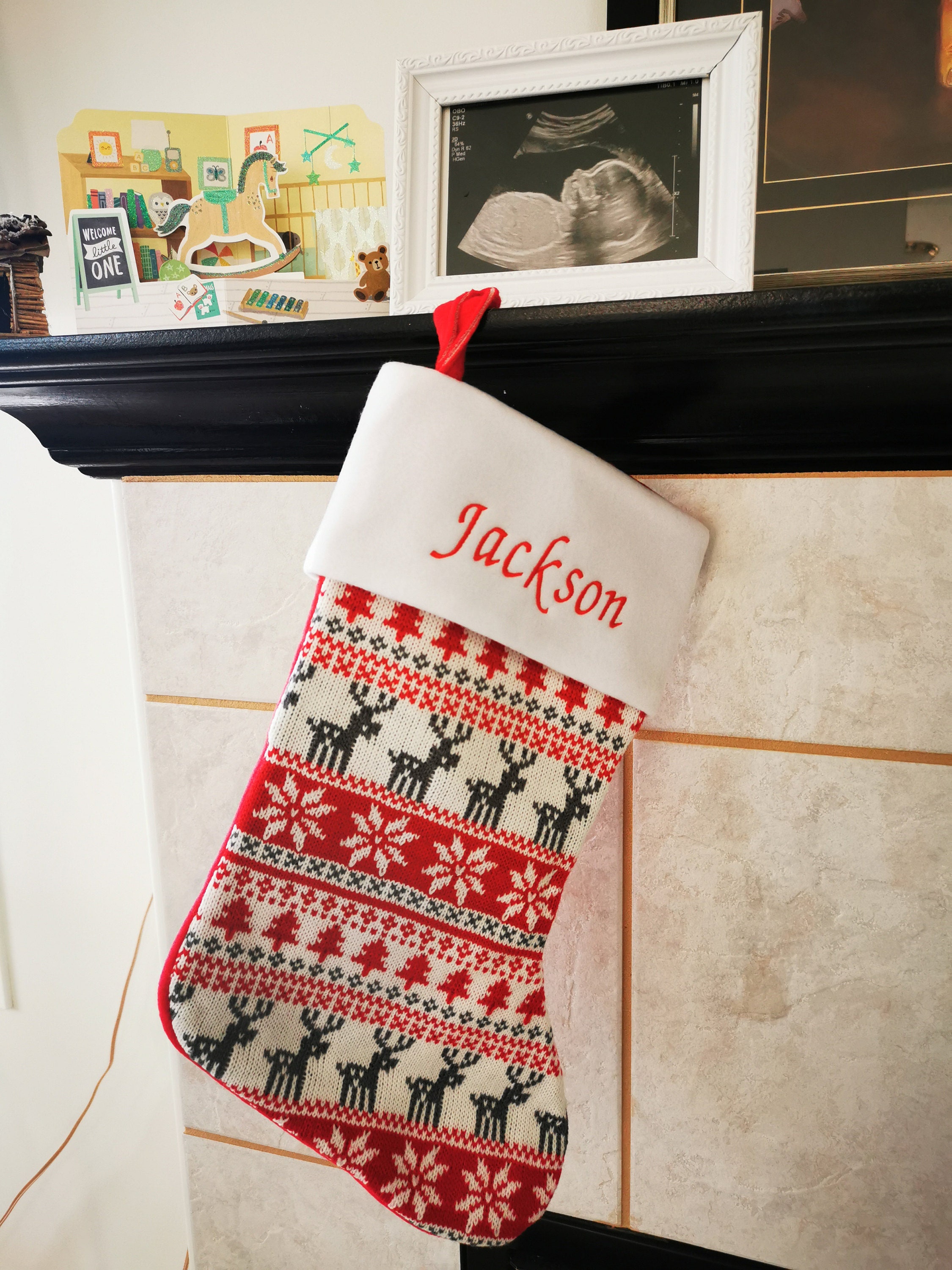Fairisle Red Stocking - Personalized Christmas Stocking - Reindeer Stocking - Christmas Decor - Kids Christmas Stocking - Monogram Stocki