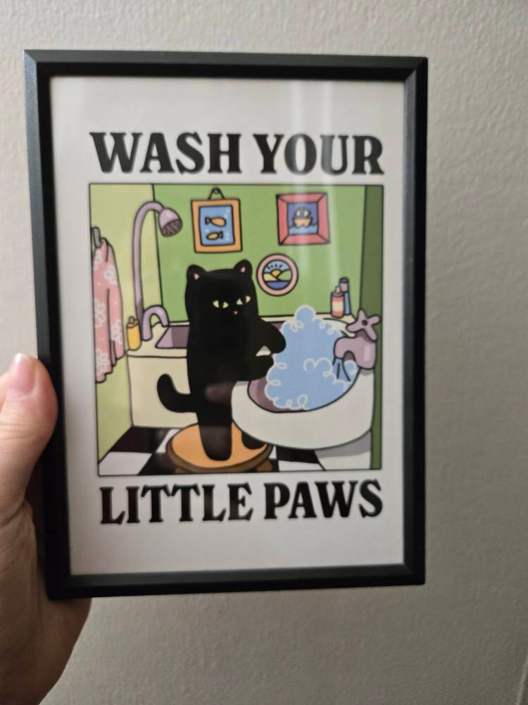 Wash your Paws Green Cat Print, Cute Bathroom Poster, Wash Room Childrens Washing up Posters, Kawaii Prints Decor, Unique Cats Art, UNFRAMED